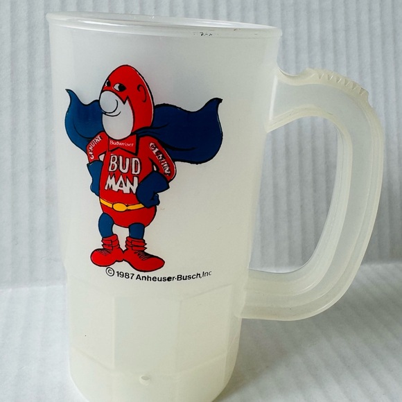 💚 Set: VintageRARE 1987 Bud Man Super Mug Made in USA; 5.25”tall. And STICKER! - Picture 4 of 6